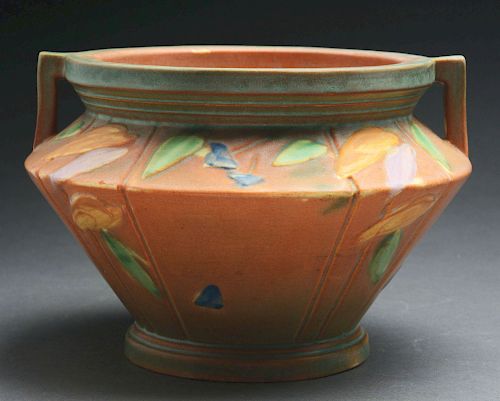 Roseville Pottery Futura Jardiniere With Handles & Leaves. 