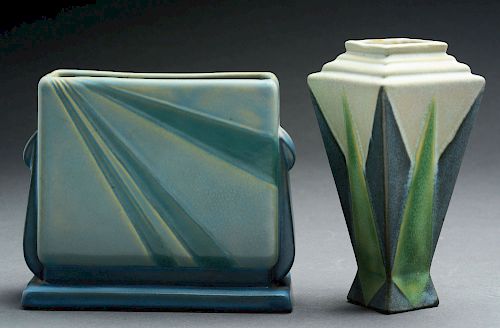 Lot of 2: Roseville Futura Vases in Blue & Green.