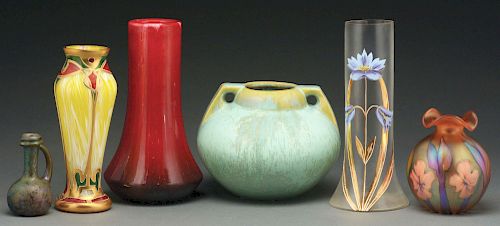 Lot of 6: Pottery & Glass Vases. 