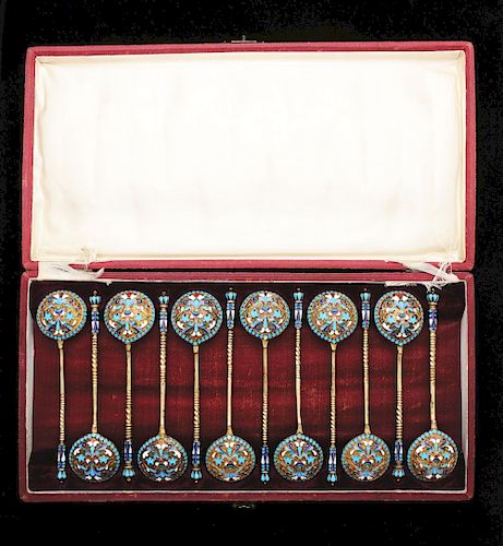 Set of 12: Russian Enameled Spoons in Fitted Case. 