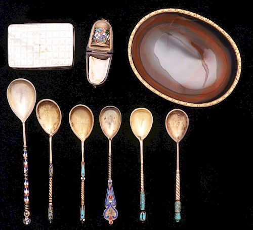 Set of 9: Russian Enamel Demitasse Spoons, with Thimble, Dish, & Box. 