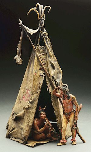 Franz Bergman (1898 - 1963) Figural Bronze of a Tipi with 2 Native Americans.