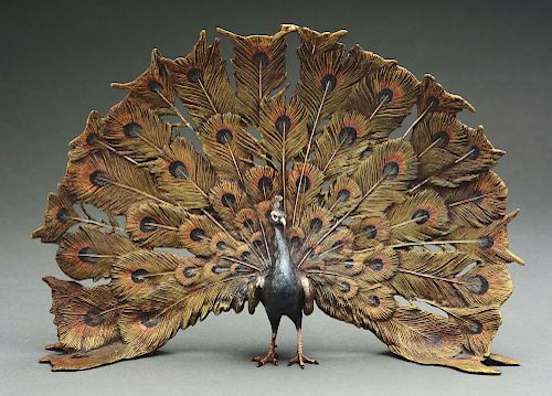Carl Kauba (1865 - 1922) Cold-Painted Bronze of a Peacock.