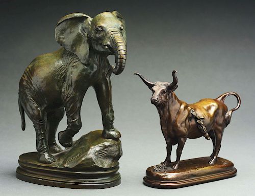 Lot of 2: Antoine-Louis Barye (1796 - 1875) Bronze Sculptures of Elephant and a Steer.