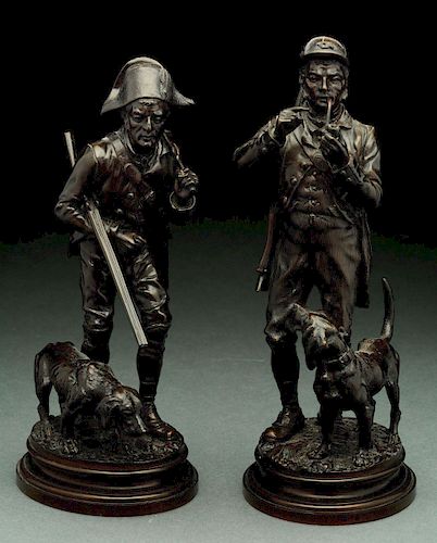 Alfred Dubucond (1828 - 1894) 2 Bronze Sculptures of a Hunter with His Dog.