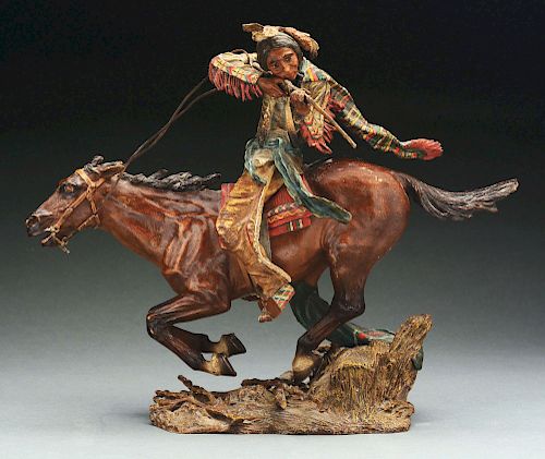 Bronze Sculpture of Native American on Running Horse.