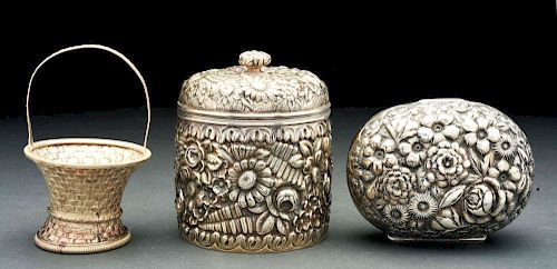 Lot of 3: Tiffany Sterling Repousse Tea Canister, Whiting Sterling Soapbox & Gorham Sterling Basket.