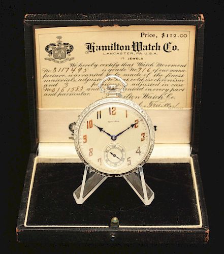 14K White Gold O/F Hamilton 916 Pocket Watch In Box