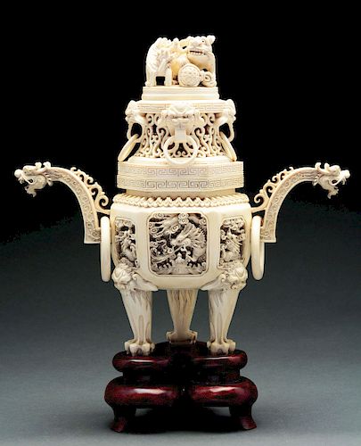 Two-Piece Lidded Japanese Carved Ivory Urn.