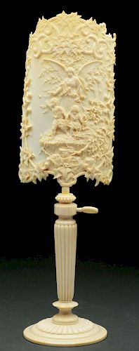 Carved European Ivory Curved Shield with Twist Out Ivory Base.