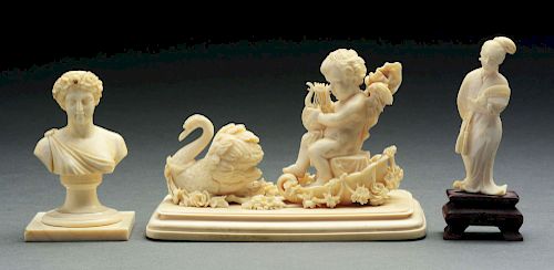 Lot of 3: Ivory Figures of Angel With Swan, Japanese Woman, Woman.
