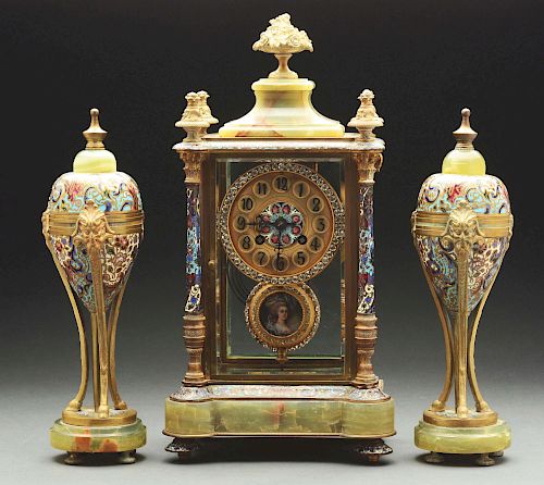 French Onyx and Champleve Three Piece Clock Set. 