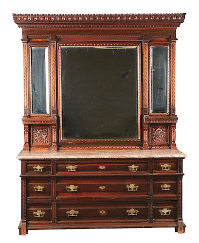 Aesthetic Movement Carved Mahogany Marbletop Chest of Drawers with Mirror and Matching Headboard.