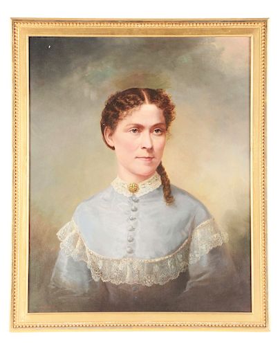 Edward L. Custer (American, 1837 - 1881) PORTRAIT OF A LADY IN BLUE DRESS.
