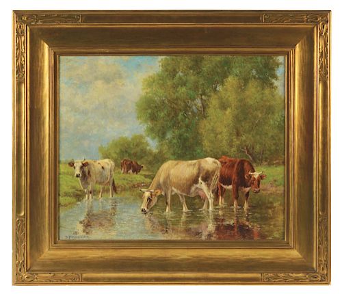 DANIEL F. WENTWORTH (American, 1850-1934) COWS AT WATERING HOLE. 