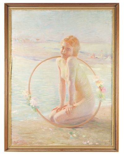 MASSIMILIANO GALLELLI (Italian, 1863-1956) IMPRESSIONIST NUDE GIRL ON BEACH. 