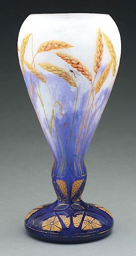 Daum Cameo and Enameled Wheat Vase