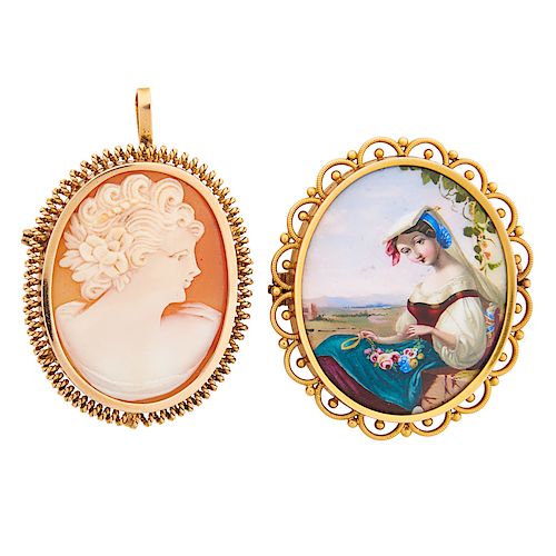 CAMEO OR PORTRAIT YELLOW GOLD BROOCHES