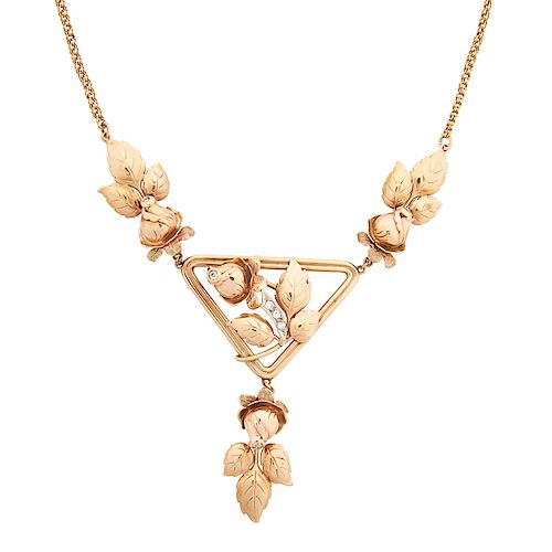 EARLY 20TH C. DIAMOND & PINK ROSE NECKLACE