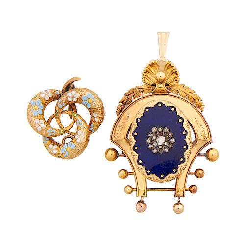 EARLY 20TH C. ENAMELED YELLOW GOLD PENDANT BROOCHES 