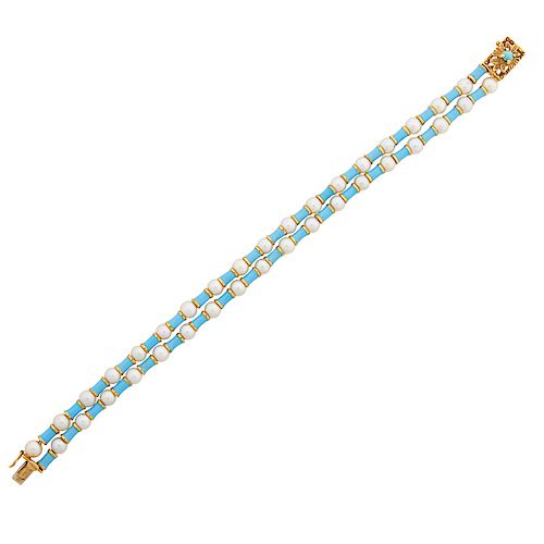 SALTWATER CULTURED PEARL & ENAMELED YELLOW GOLD BRACELET 