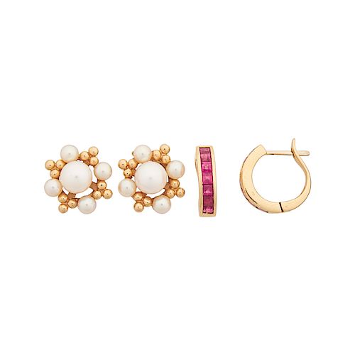 RUBY OR PEARL YELLOW GOLD EARRINGS