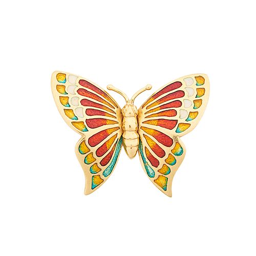 ENAMELED YELLOW GOLD BUTTERFLY BROOCH