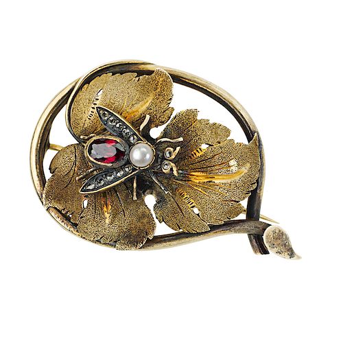 VICTORIAN GEM-SET YELLOW GOLD INSECT BROOCH