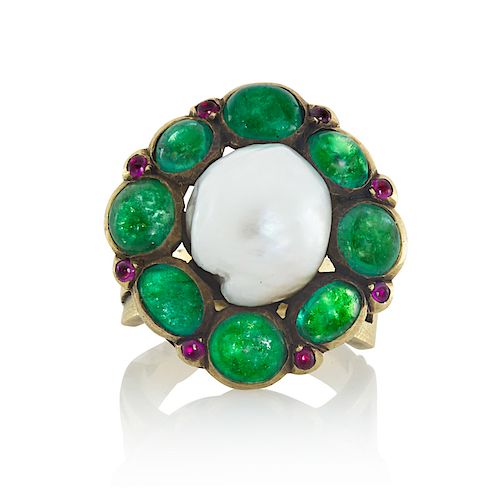 MARIE ZIMMERMANN BAROQUE PEARL, EMERALD & PINK SAPPHIRE YELLOW GOLD RING 
