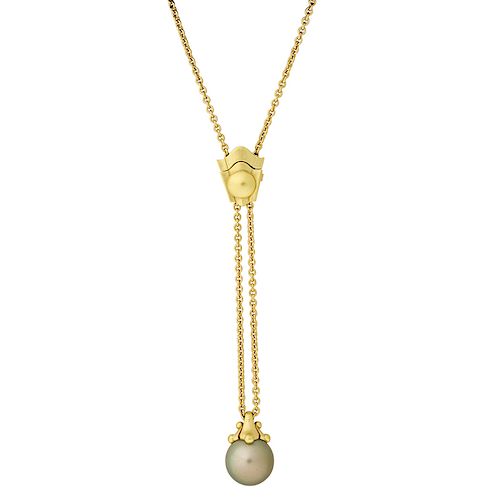 TAHITIAN SOUTH SEA PEARL & YELLOW GOLD LARIAT NECKLACE 