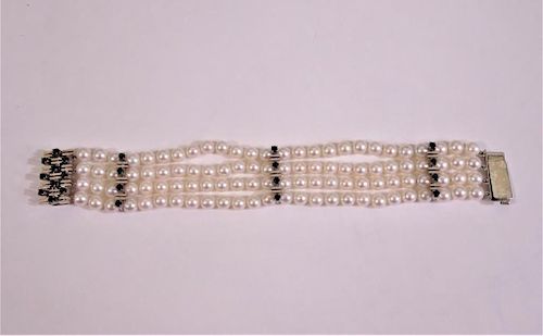 104 Pearl & Sapphire 4 Strand 18K Gold Bracelet