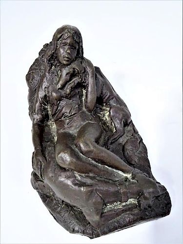 20th Century Bronze Figure Statue of Woman & Dog