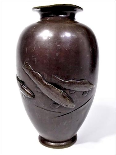 Japanese Bronze Vase with Raised Fish Decoration