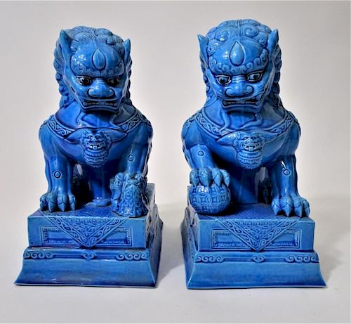 Pair Chinese Republican Period Blue Porcelain Foo