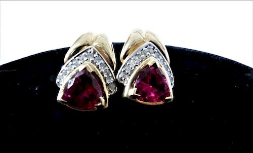 Diamond and Red Stone Earrings 14k Yellow Gold