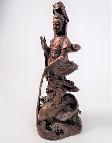 Chinese Carved Wooden Quanyin on Carp Base