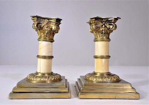Pair of Mother of Pearl and Gilt Candlesticks