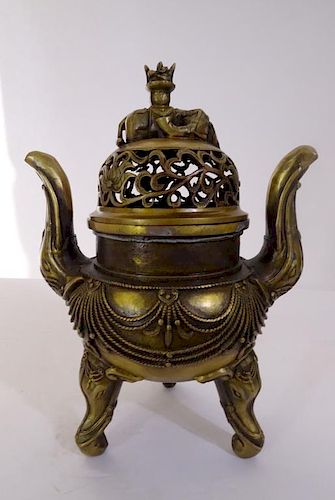 Chinese Bronze Incense Burner w Elephant Lid