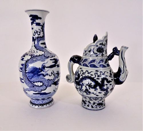 Chinese Blue and White Signed Vase and Teapot