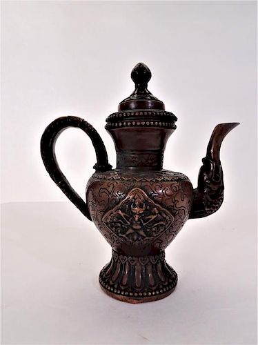Large Chinese Bronze Embossed Teapot w Lid