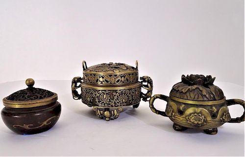 Collection of 3 Chinese Bronze Boxes and Lids