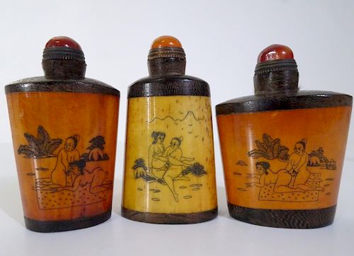 Collection of 3 Snuff Bottles with Erotic Scenes
