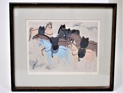Signed Wang Li Po, "Saddled Horses" Chinese Print