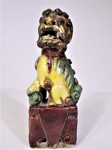 Chinese Yellow, Green & Brown Glazed Guardian Lion