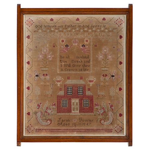  New York Sampler by Sarah Fowler with Large House, Dated 1847