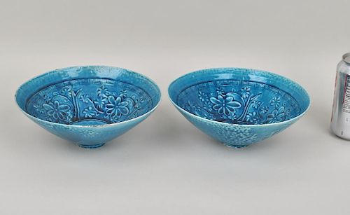 Pair Chinese Turquoise Glaze Conical Bowls