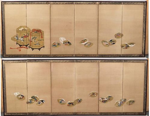 Pair Japanese Six Panel Hand Painted Wall Screens