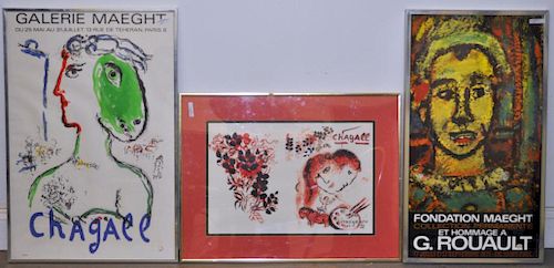 Two Maeght Framed Gallery Posters & Chagall Print