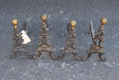 Unusual Set Four Baroque Brass/Iron Andirons