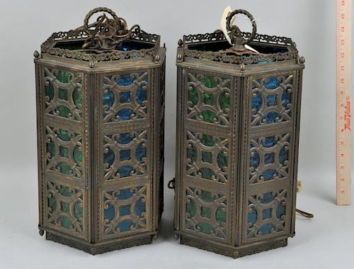Pair Gothic Revival Brass Hanging Lamps